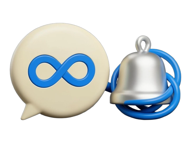 An opaque rounded chat bubble with a small tail, bearing Meta's blue infinity-loop symbol large and front-facing across its front, sits beside a solid opaque notification bell badg