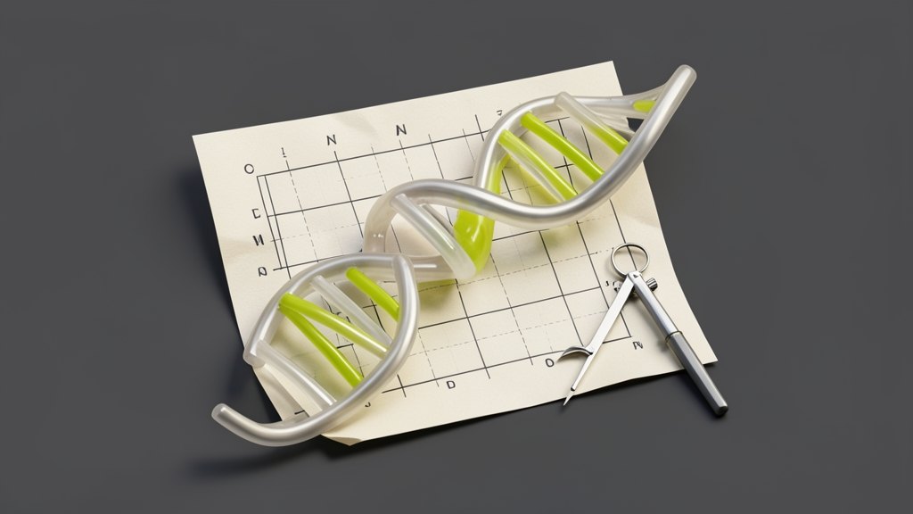 A solid double-helix DNA strand wrapped around a sheet of blueprint paper, with a small drafting compass beside it, showing an AI proposing genetic blueprints without creating livi
