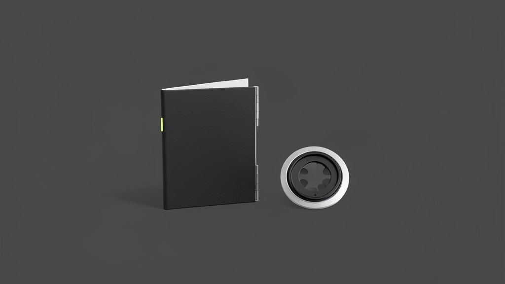 A thin rectangular folding slab device, half open at a visible metal hinge, standing beside a small circular six-blade camera aperture ring.