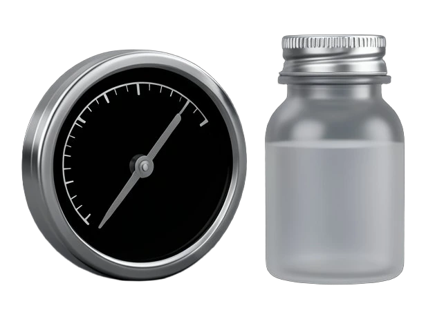 A round mechanical gauge with a single needle pointing low, standing beside a sealed opaque sample vial with a screw cap.