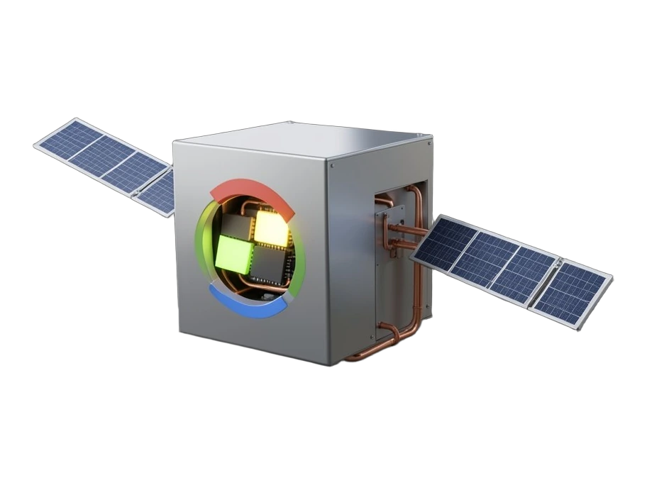 A refrigerator-sized boxy satellite module floating in space, its opaque aluminium body carrying a large front-facing Google four-colour G emblem, four solid TPU chip tiles in an o