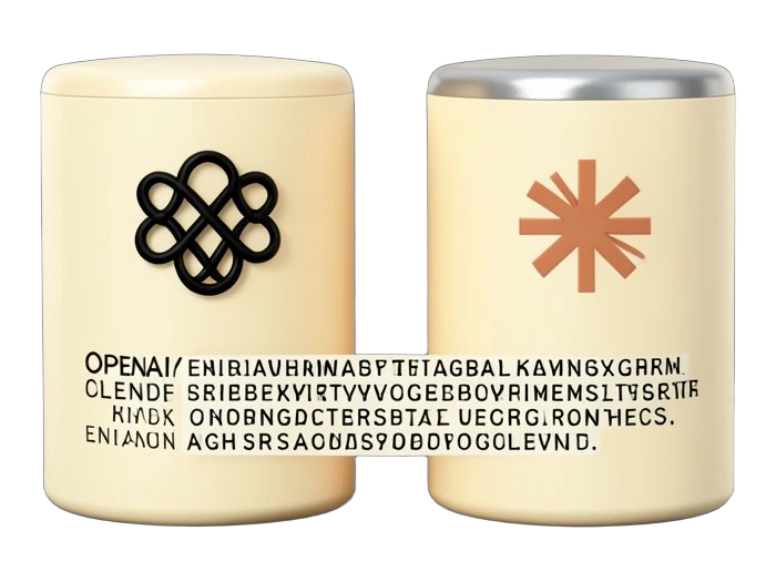 Two solid Enigma rotor cylinders stand side by side, one carrying OpenAI's black interwoven six-loop Blossom symbol and one carrying Claude's warm terracotta-orange many-rayed aste