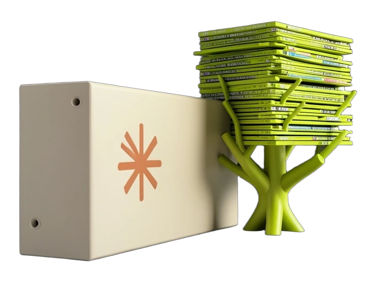 The warm terracotta-orange Anthropic asterisk starburst mark sits on a thick solid server blade, beside a towering stack of dense code-merge layers representing 30,000 daily change