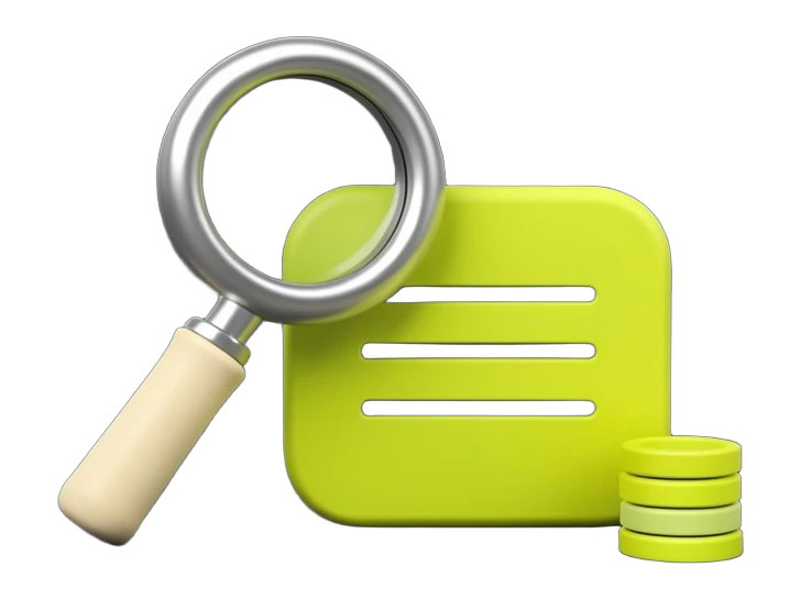 A large thick-rimmed magnifying glass with a solid handle hovering over a thick rounded answer panel marked by three short horizontal bars, and a small stack of solid coin discs be