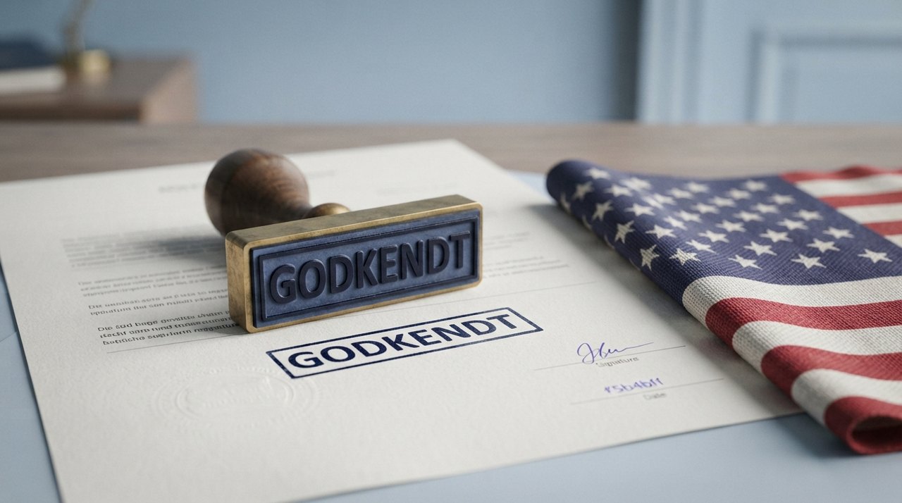 Et stempel med teksten 'Godkendt' placeret på et officielt dokument ved siden af et amerikansk flag.