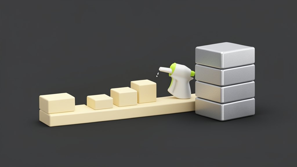A solid abstract world-model diagram: a thick timeline band with several stacked blocks stepping upward to show behaviour changing over time, and beside it a small water pistol sha