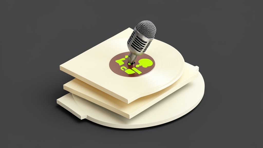 Three stacked audio waveform slabs with sharp stepped ridges rise from a solid album-disc record bearing the Stability AI four-bar mark on its face, while a solid microphone capsul