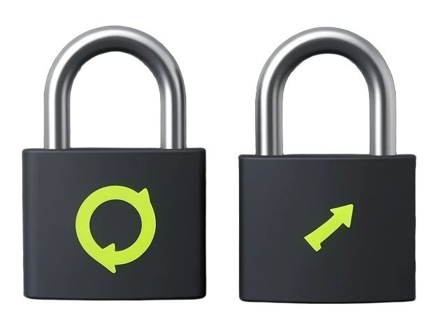 A circular refresh arrow wraps around a closed steel padlock; a second identical padlock sits ready beside it.