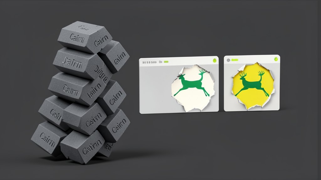 A compact formation of identical small robot-like agent blocks, each stamped with the Cairn wordmark in white on a dark slate-grey solid block face, marching in a tight arrowhead c