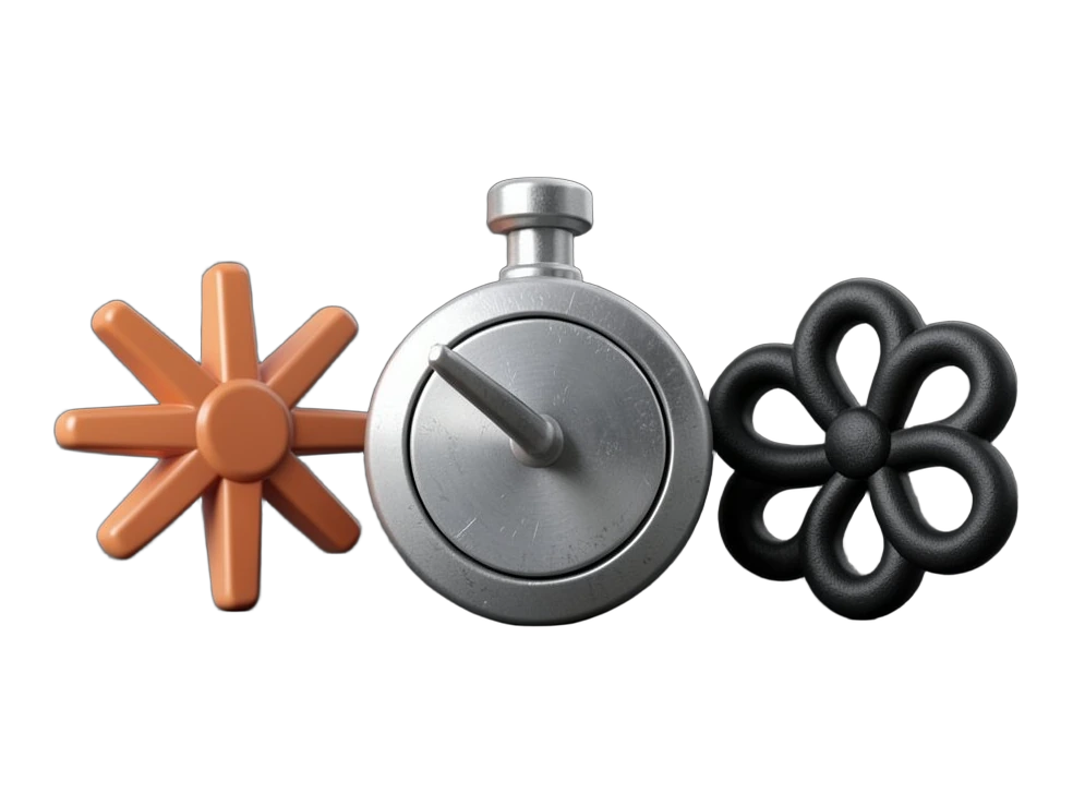A large solid round speed dial with a chunky needle pulled back by a thick clamp. To its left stands a terracotta-orange many-rayed asterisk emblem, to its right the intact black i