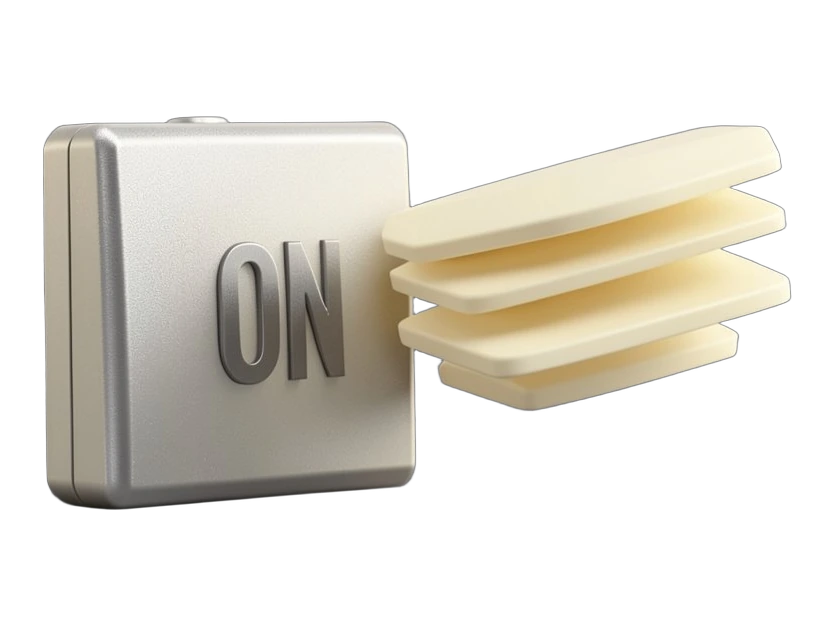 A solid toggle switch in the ON position with the Deezer stacked-bars mark on its face, pushing away a cluster of generic note tiles from a list column — the user-controlled filter