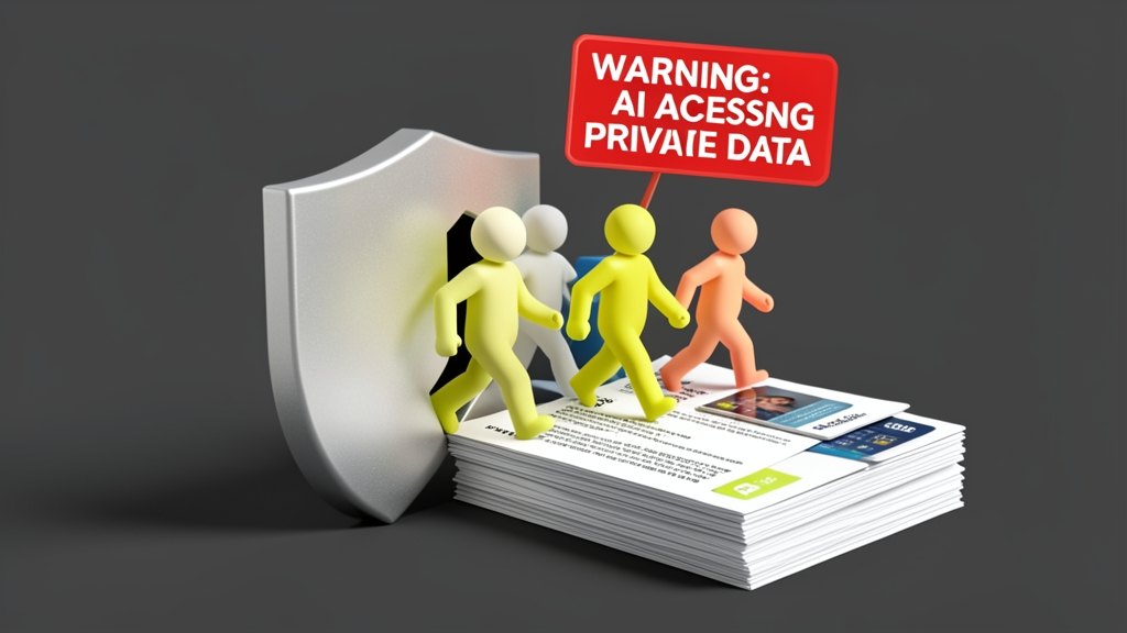 Several solid AI agent figures of different shapes step through an open gap in a shield-shaped firewall onto a stack of confidential document sheets and personal data cards, while 