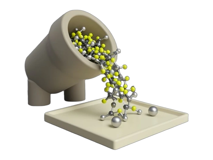 A wide funnel of thick opaque walls receives a dense stream of solid molecule models, spheres joined by short rods, and releases only a few at its narrow mouth where a square lab t