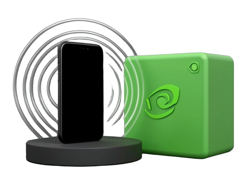 A solid black smartphone stands upright and emits thick concentric sound arcs toward a large solid green graphics-chip block with Nvidia's green spiral-eye emblem on one corner, wh