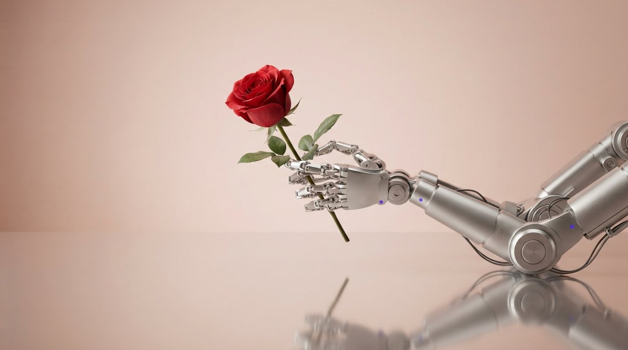 Et par mekaniske sølvfarvede robotarme, der holder en rød rose mellem fingrene, med et spejlblankt bord som baggrund.