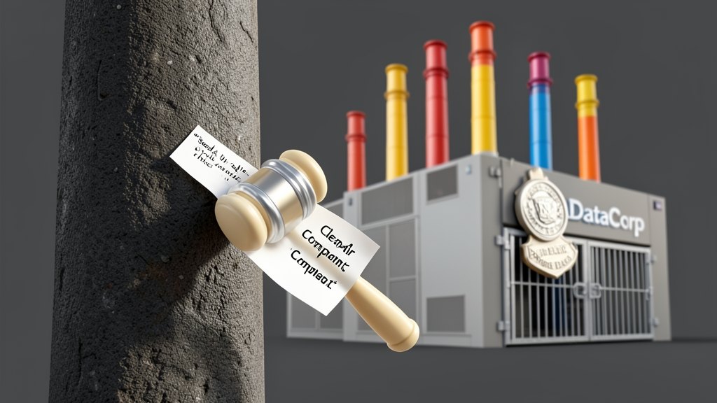A federal judge's gavel pins a clean-air complaint to a courthouse column while a solid data center with thirty gas-turbine exhaust stacks stands behind it, its pollutant outlet bl