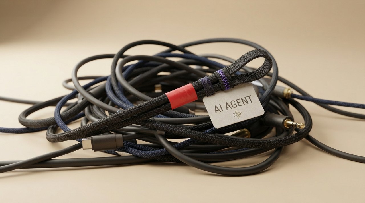 En bunke sammenfiltrede sorte ledninger, hvor en enkelt er markeret med rød tape og et 'AI Agent'-skilt.