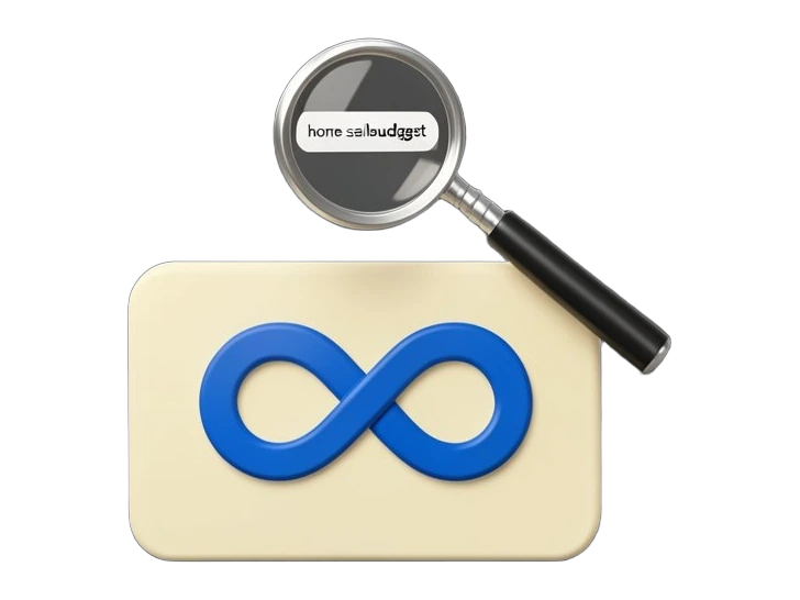 Meta's blue infinity-loop symbol sits on a solid rounded rectangular panel representing a shared Muse conversation link, with a magnifying glass hovering over it revealing a readab