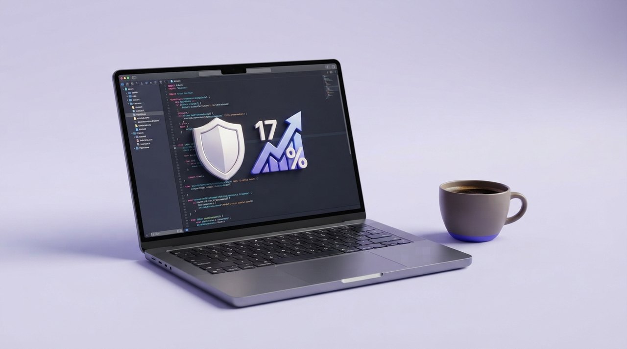 En åben bærbar computer med en kodeskærm, hvor et symbol for et skjold og et prisnedslag på 17% er vist, ved siden af en kaffekop.