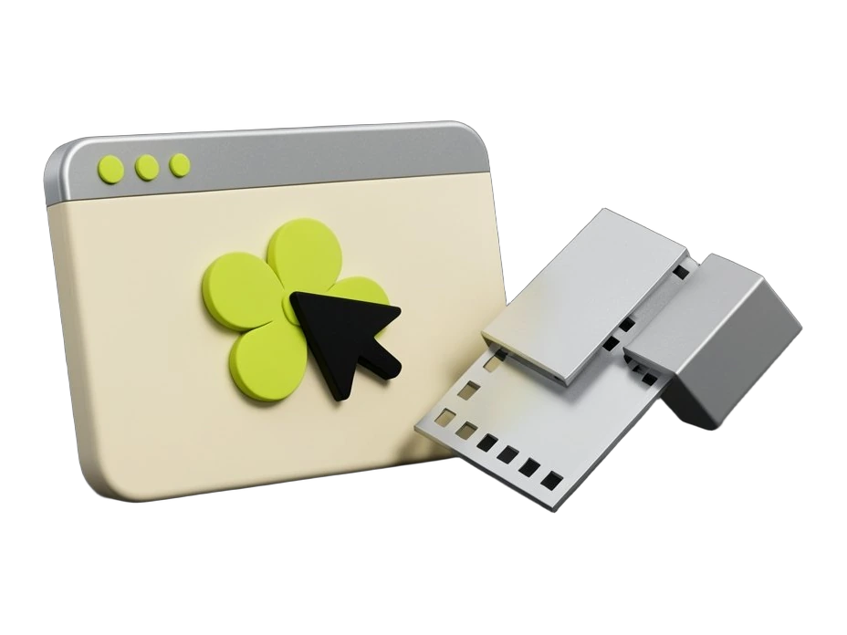 A rounded solid browser-window panel with a bold cursor arrow shows the OpenAI Blossom mark centered on its face, while beside it a film-strip slab with square perforations is bein