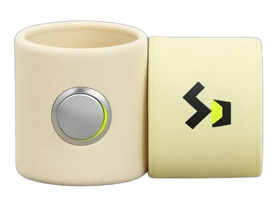 A thick wristband cuff shaped as a solid rounded rectangle in matte fabric tone, with a single prominent round push-button on its face and a small bold press-and-wave arrow icon be