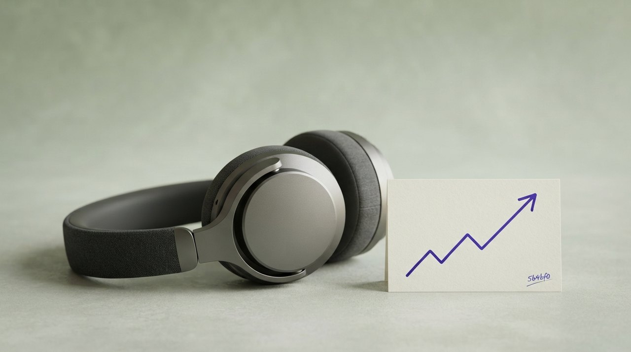 Et headset liggende ved siden af en lille seddel med en streg, der viser stigende salgstal.