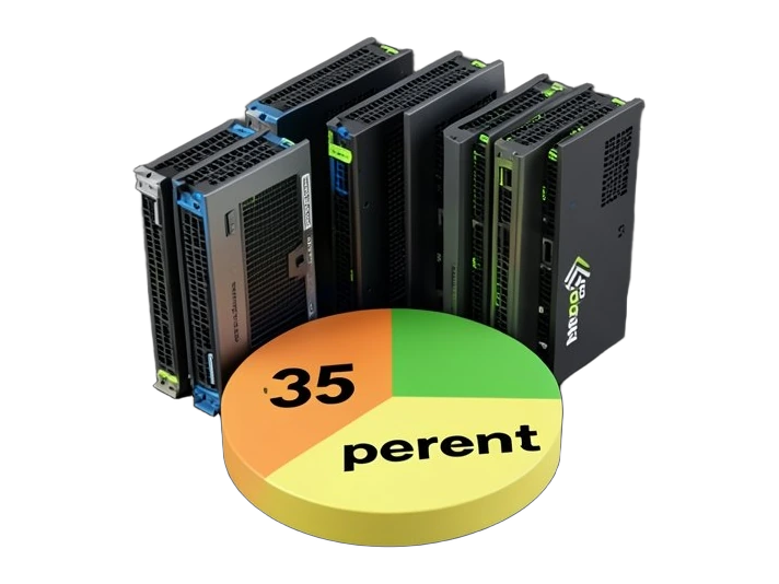 A cluster of solid GPU server blades sharing one segmented pie-chart ring, where each wedge is a fixed percentage share of GPU time, with one wedge marked 35 percent, showing proje