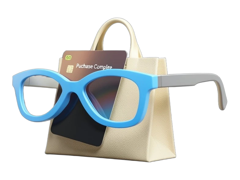 A pair of thick opaque smart eyeglasses as the main form with a compact blue Meta infinity-loop symbol front and centre on the bridge, a solid link bar running from one temple to a