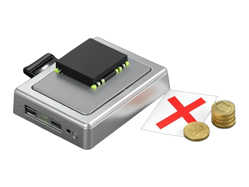 A solid AI chip block sits on a polygraph console, its contactless sensor bar facing an empty seat panel with no wires attached. Beside it, a marked answer card carries a bold mism