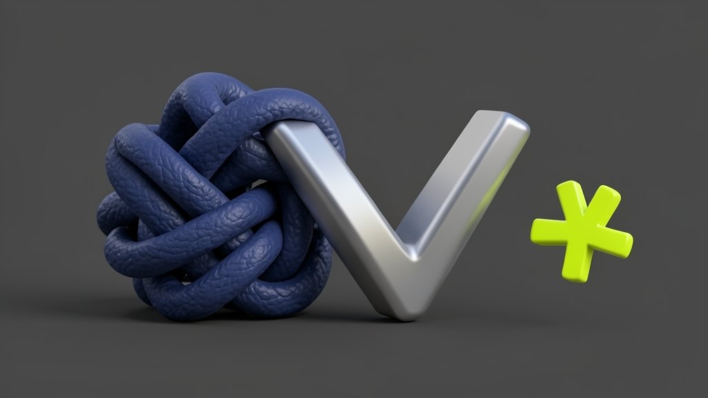 A cluster of tangled solid knot-shaped blocks representing superposition inside a neural network, resolving into a clean V-shaped pattern of two angled bars, with a Goodfire asteri