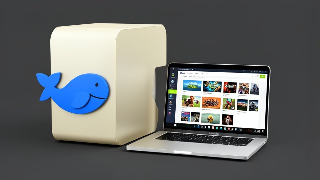 A Mac Studio computer tower with the Qwen blue whale-style Qwen mark on its front panel, beside an open laptop showing a Steam game library list being sorted into genre groups by a