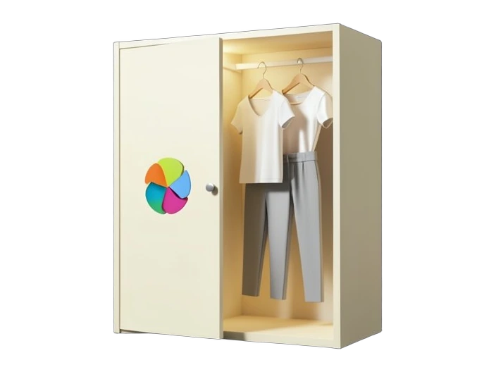 A solid wardrobe frame with Google Photos' four-colour pinwheel mark on its door, holding three thick garment shapes: a top, a pair of trousers and a necklace disc, with one top sw