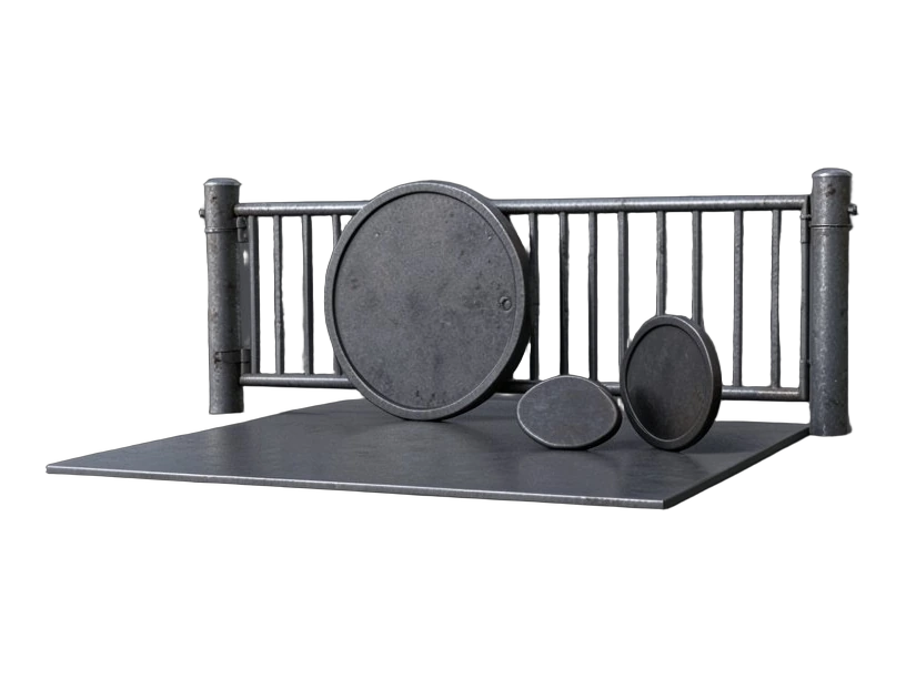 A solid metal token resting behind a closed drop-bar gate, while three identical tokens stand on an open lane beside it