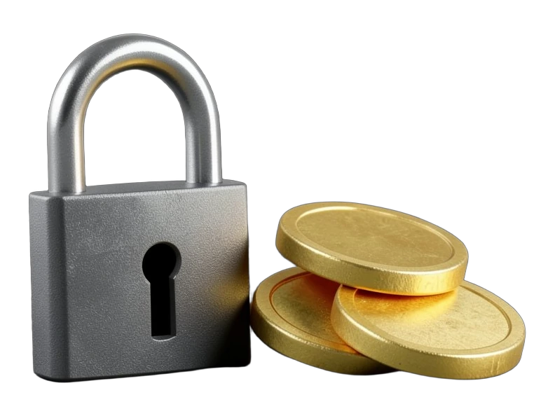 A thick, solid opaque steel padlock with its shackle swung fully open and clear of the body stands upright, beside a rising stair of three chunky, solid opaque gold coins, each a f