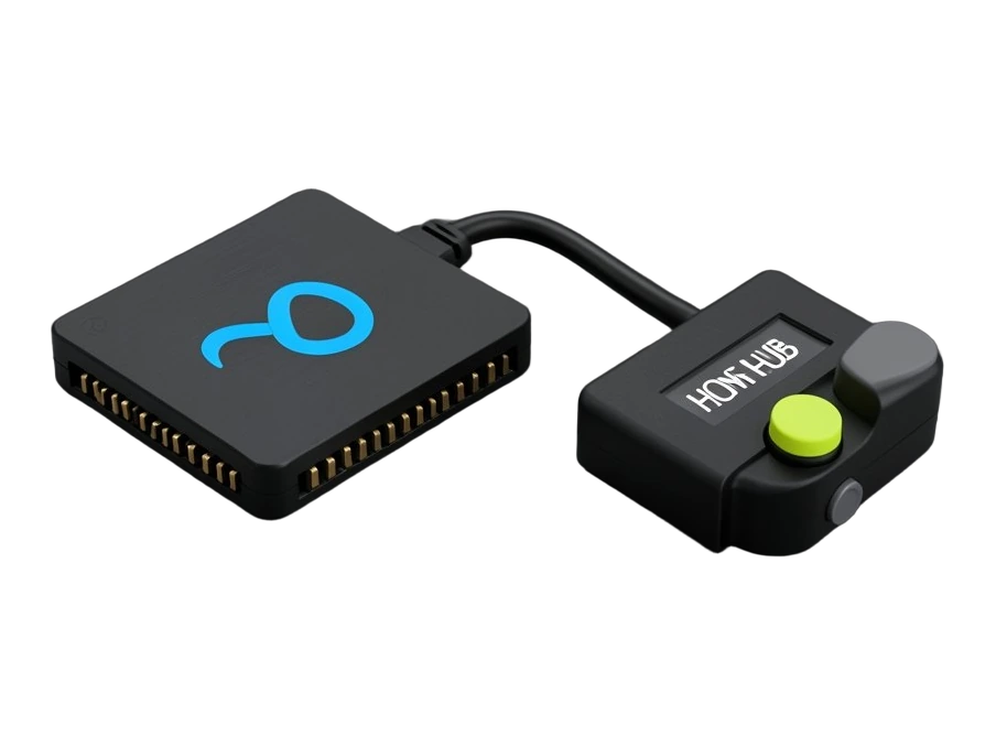 A solid single-board computer with exposed pin header and rounded corner cut-outs carries Meta's blue infinity-loop mark on its chip, and a thick USB-C cable plugs into its edge, r