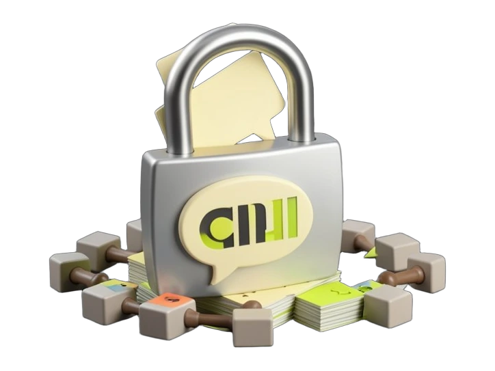 A thick padlock shaped like a chat-bubble with the Character.AI letterform emblem on its front face clamps shut over a stack of speech-bubble cards representing children's private 