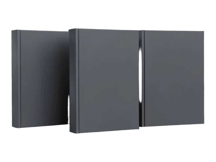Five identical plain-covered hardback books standing in a row, one extra copy slid forward and separated from the others.