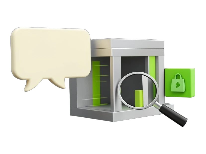 A solid speech-bubble block with a chat tail points at a half-built storefront frame of solid blocks assembling live, while a smaller solid sidebar panel with the Shopify green bag