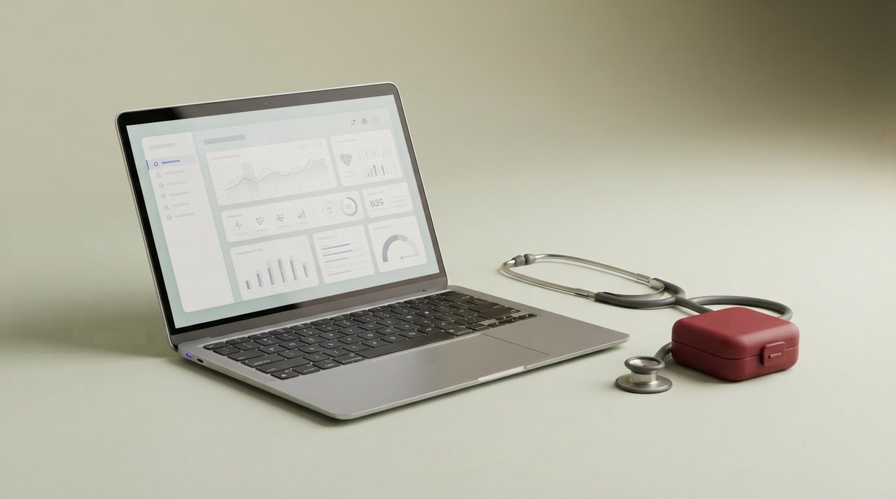En åben bærbar computer på et rent bord viser en digital sundhedsjournal ved siden af et stetoskop og en rød pilleæske.