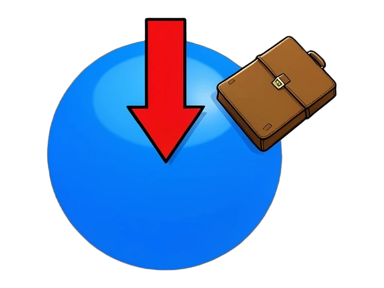 A large solid opaque blue globe floating alone, a bold red arrow plunging down through its centre like a survey result, and a plain brown briefcase tipping off the globe's right ed