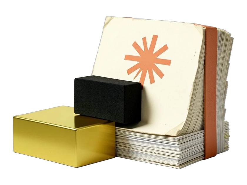 A thick S-1 document stack stands upright, its cover stamped with the warm terracotta-orange many-rayed Anthropic asterisk. A solid golden step rises from one side, while a heavy b