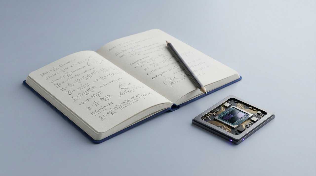 En åben notesbog med krumme matematiske formler, ved siden af en computer der viser kodelinjer.