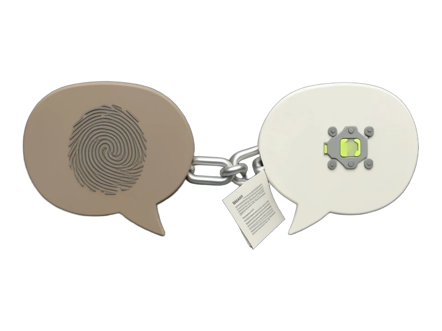 Two solid speech bubbles facing each other, one in warm grey carrying a human fingerprint emblem, the other in muted white carrying a small machine-bracket emblem, with a thick bro