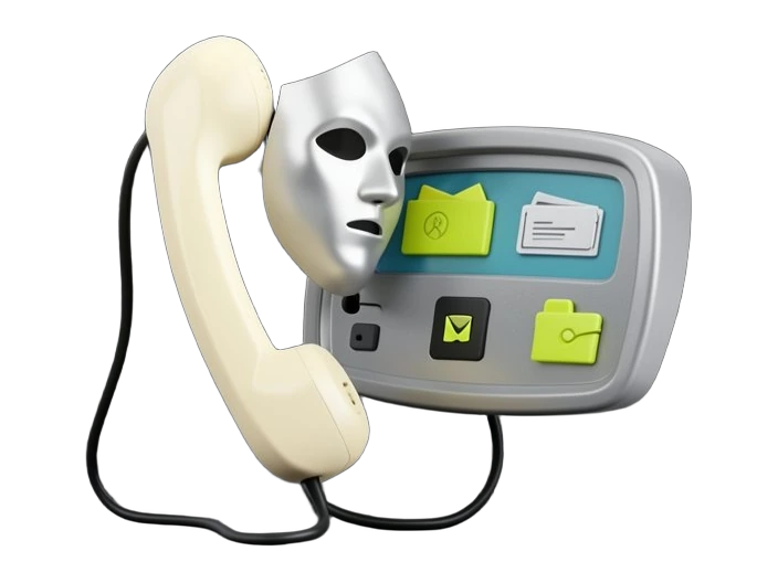 A telephone handset with a disguise mask pressed against its earpiece, wired to a dashboard shield showing captured bank account and wallet icons — AI agents undercover extracting 