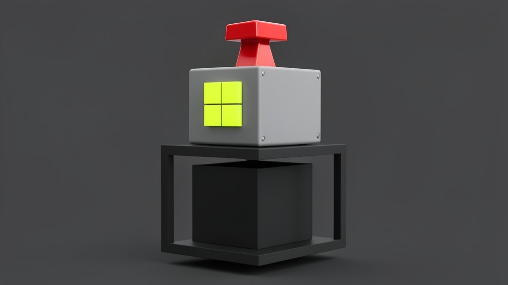 On a solid grey housing bearing the four-colour Microsoft square emblem sits a chunky red emergency brake lever, pressed firmly down; below it a large solid dark cube representing 