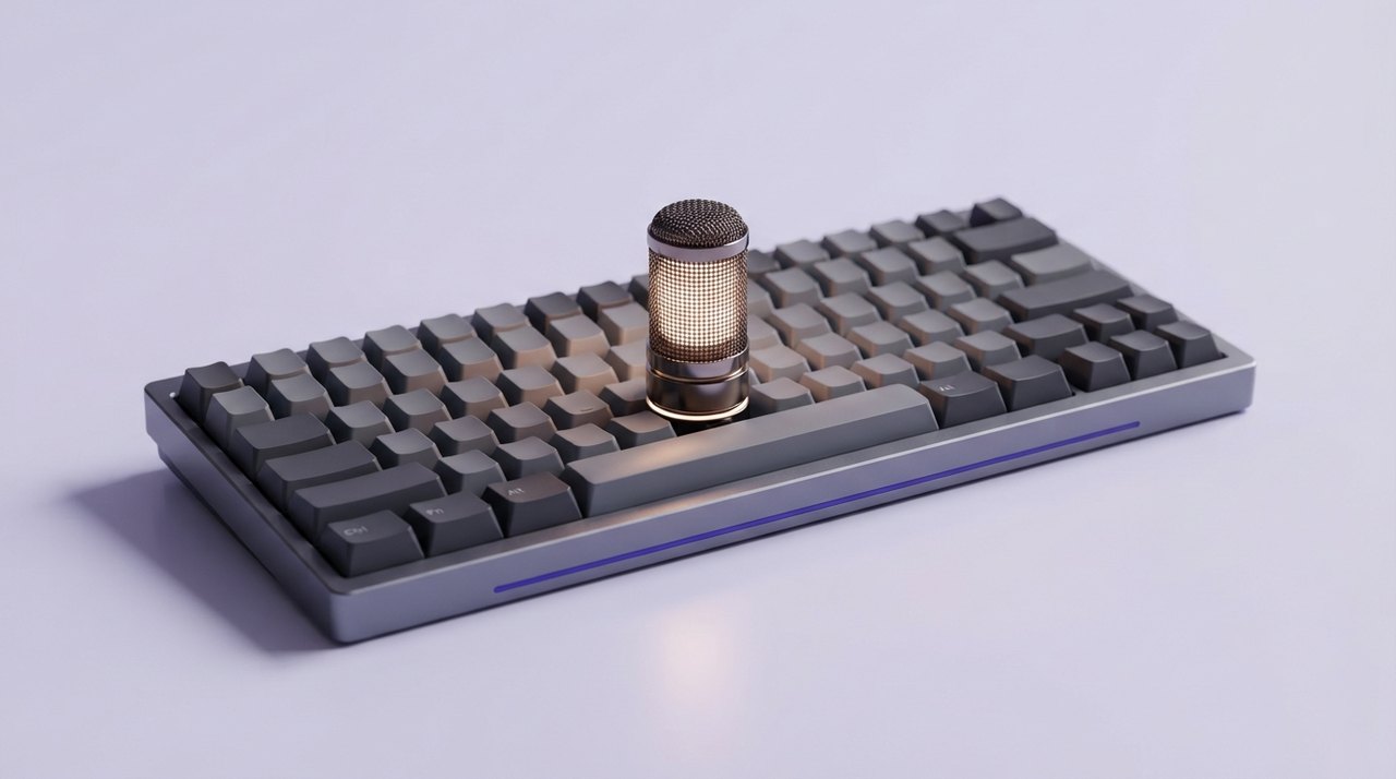 Et hvidt, minimalistisk tastatur med seks farvede genvejstaster og én stor taleknap, liggende på et skrivebord ved siden af en kaffekop og en computer.
