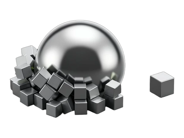 A dense cluster of many identical small metal cubes packed around one large polished sphere, with a single cube set apart from the group.