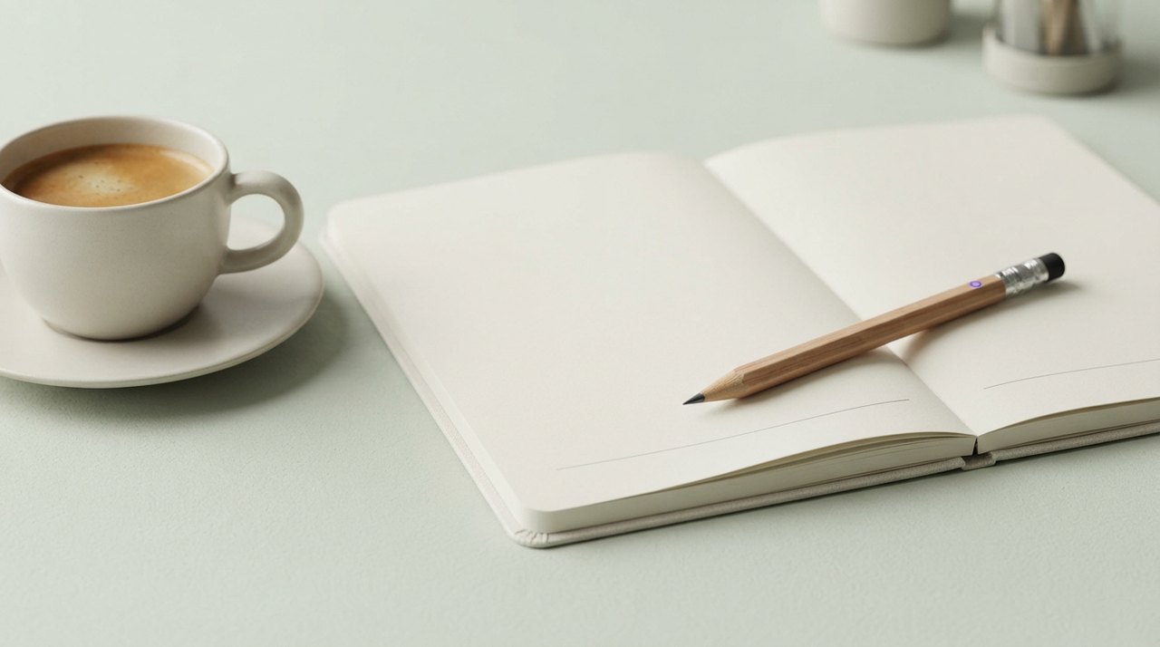 En notesbog med en blank side, en spids blyant og en kaffekop.
