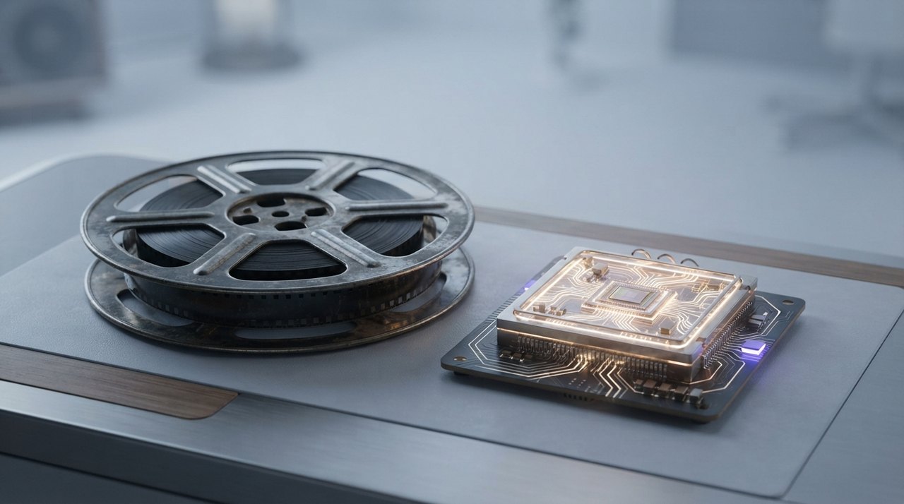En klassisk gammeldags filmrulle og en lysende microchip ved siden af hinanden.