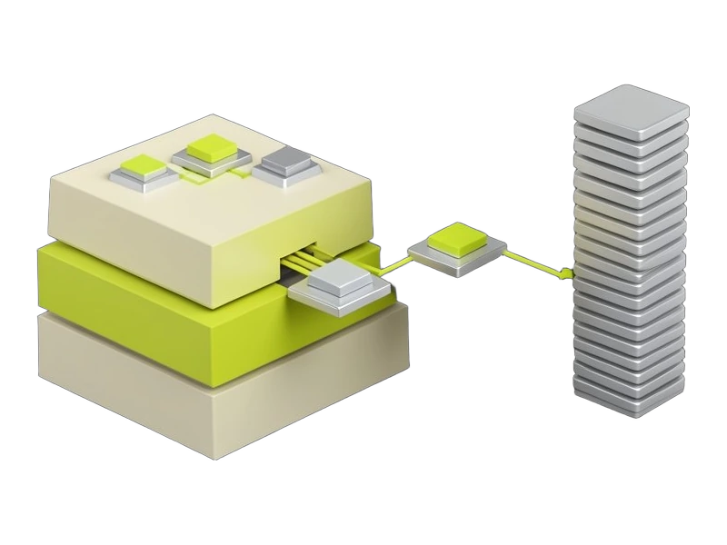 A solid coordinator hub receives five small identical agent tiles and routes them together into one connected multi-step workflow chain running through three stacked enterprise pro